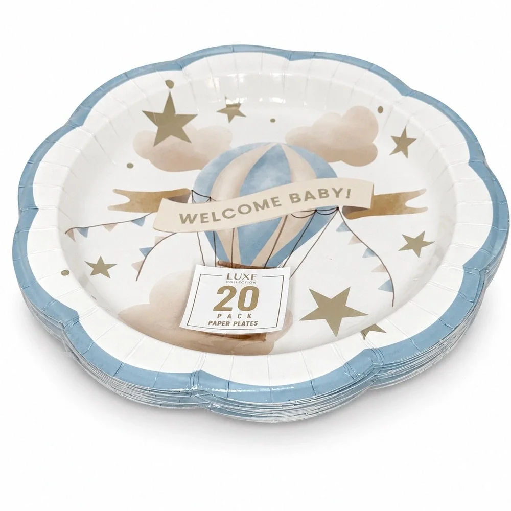 Luxe Collection Welcome Baby Hot Air Balloon Paper Plates 20 Pk Blue Gold 110-82
